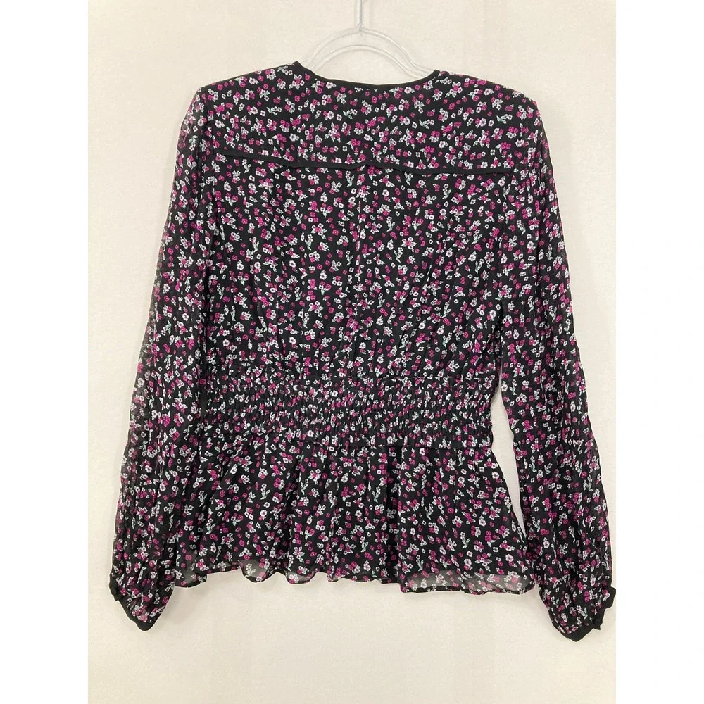 The Kooples Floral Blouse size 2 Smocked Waist V-Neck Peplum Top Feminine